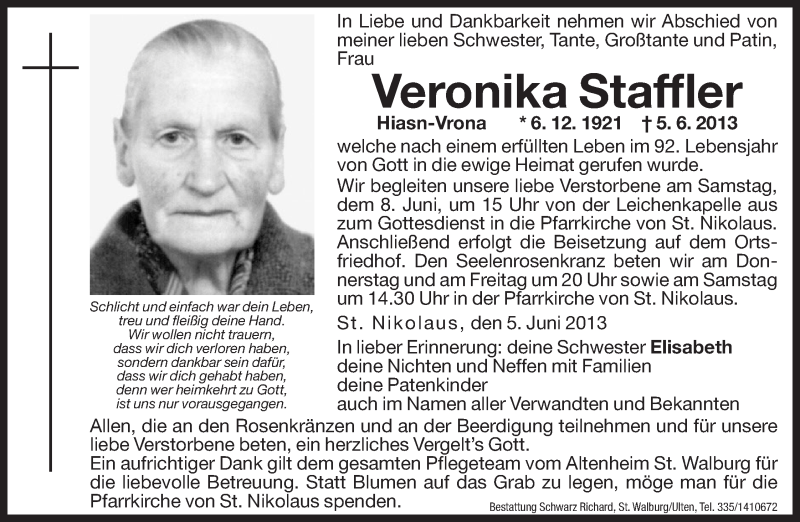  Traueranzeige für Veronika Staffler vom 06.06.2013 aus Dolomiten