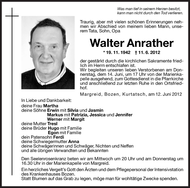  Traueranzeige für Walter Anrather vom 13.06.2012 aus Dolomiten