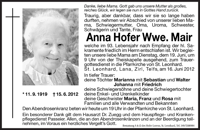  Traueranzeige für Anna  Mair vom 18.06.2012 aus Dolomiten