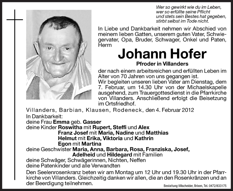  Traueranzeige für Johann Hofer vom 06.02.2012 aus Dolomiten