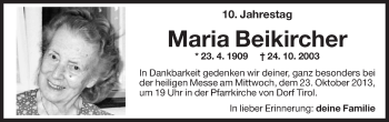 Traueranzeige von Maria Beikircher von Dolomiten