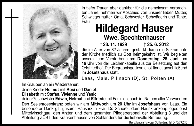  Traueranzeige für Hildegard Spechtenhauser vom 27.06.2012 aus Dolomiten