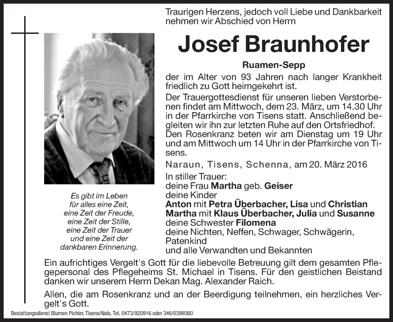  Traueranzeige für Josef Braunhofer vom 21.03.2016 aus Dolomiten