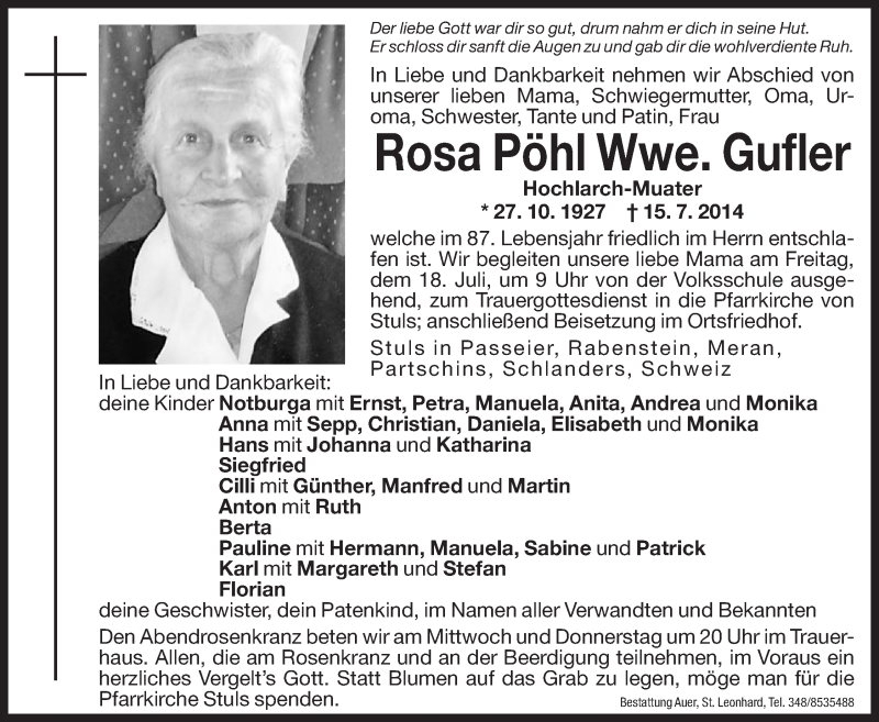  Traueranzeige für Rosa Gufler vom 16.07.2014 aus Dolomiten