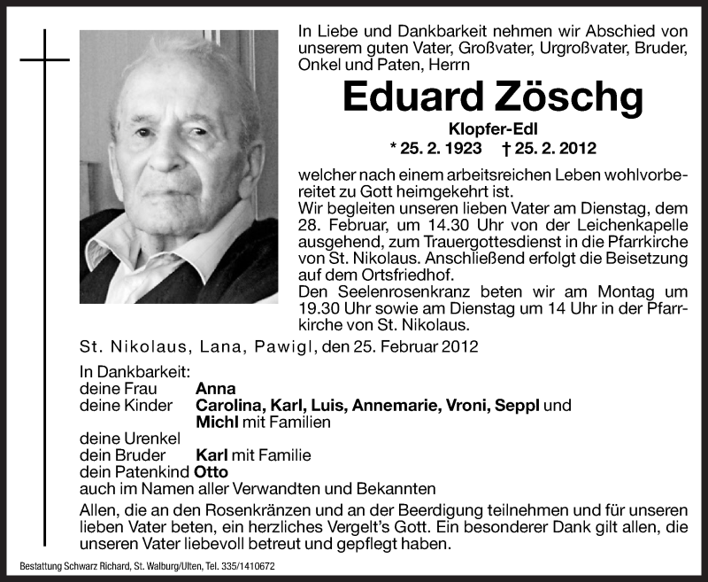  Traueranzeige für Eduard Zöschg vom 27.02.2012 aus Dolomiten