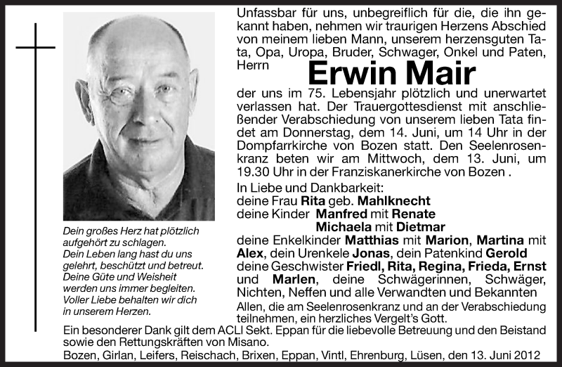  Traueranzeige für Erwin Mair vom 13.06.2012 aus Dolomiten