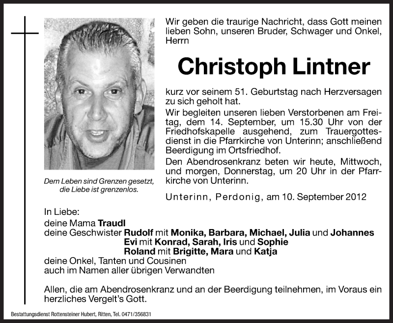  Traueranzeige für Christoph Lintner vom 12.09.2012 aus Dolomiten