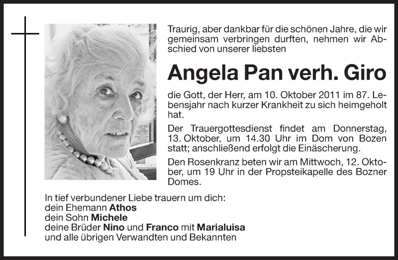  Traueranzeige für Angela Giro vom 12.10.2011 aus Dolomiten