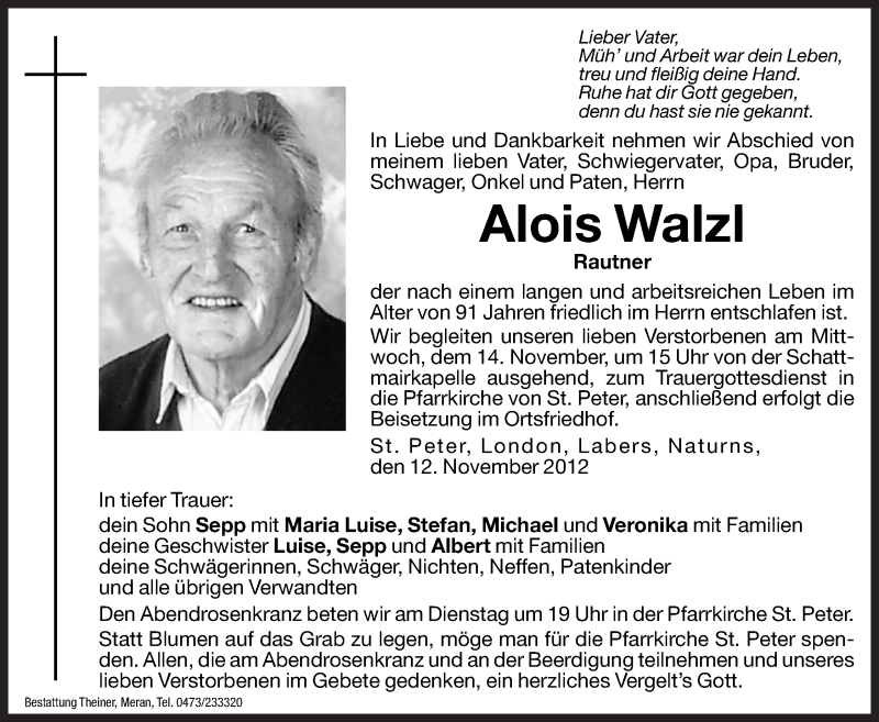  Traueranzeige für Alois Walzl vom 13.11.2012 aus Dolomiten