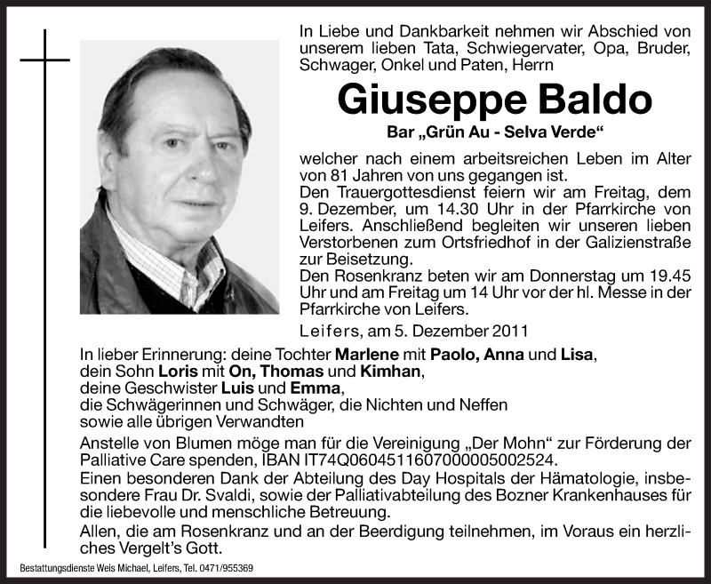  Traueranzeige für Giuseppe Baldo vom 07.12.2011 aus Dolomiten