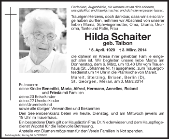 Traueranzeige von Hilda Schaiter von Dolomiten