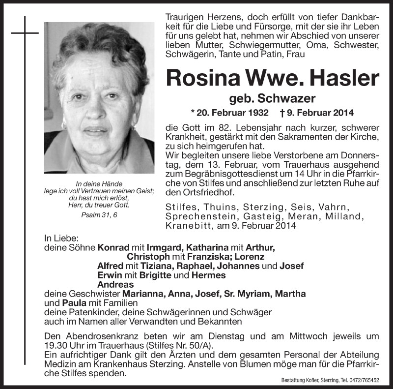  Traueranzeige für Rosina Hasler vom 11.02.2014 aus Dolomiten