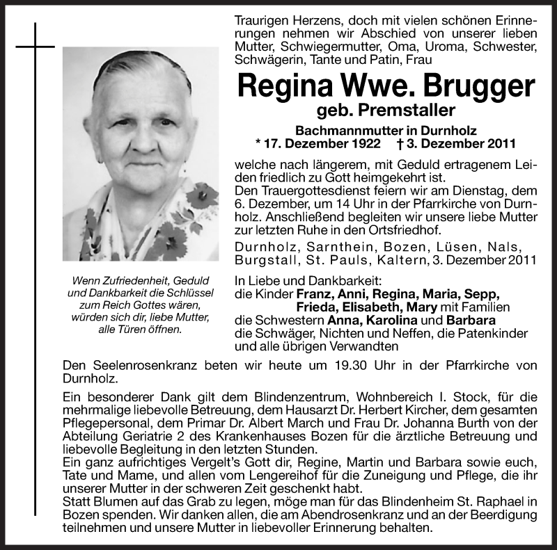  Traueranzeige für Regina Brugger vom 05.12.2011 aus Dolomiten