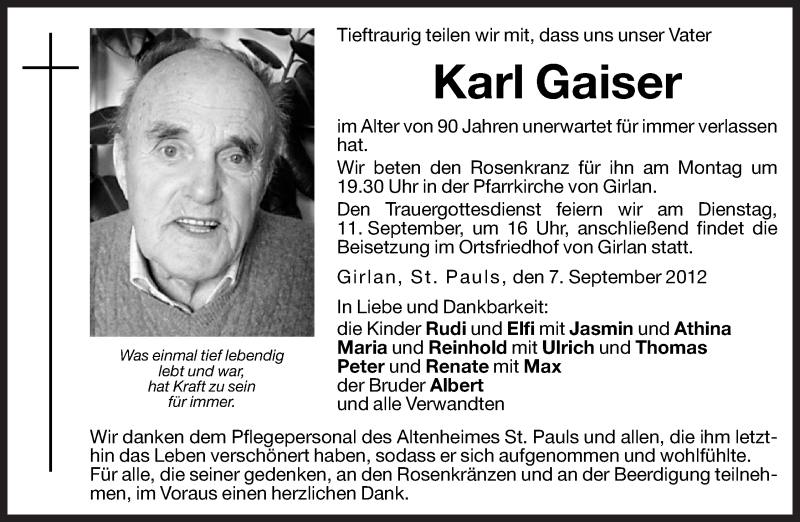  Traueranzeige für Karl Gaiser vom 10.09.2012 aus Dolomiten