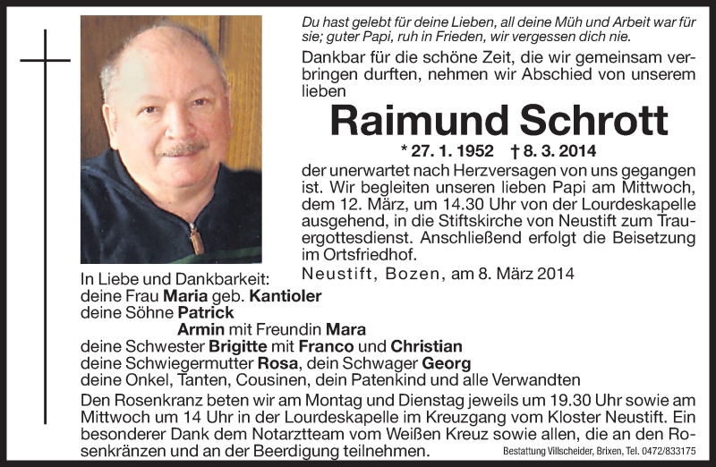  Traueranzeige für Raimund Schrott vom 10.03.2014 aus Dolomiten