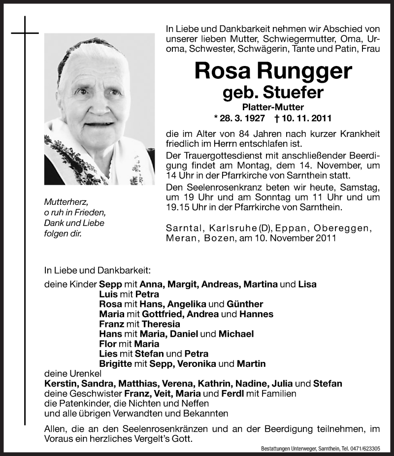  Traueranzeige für Rosa Rungger vom 12.11.2011 aus Dolomiten