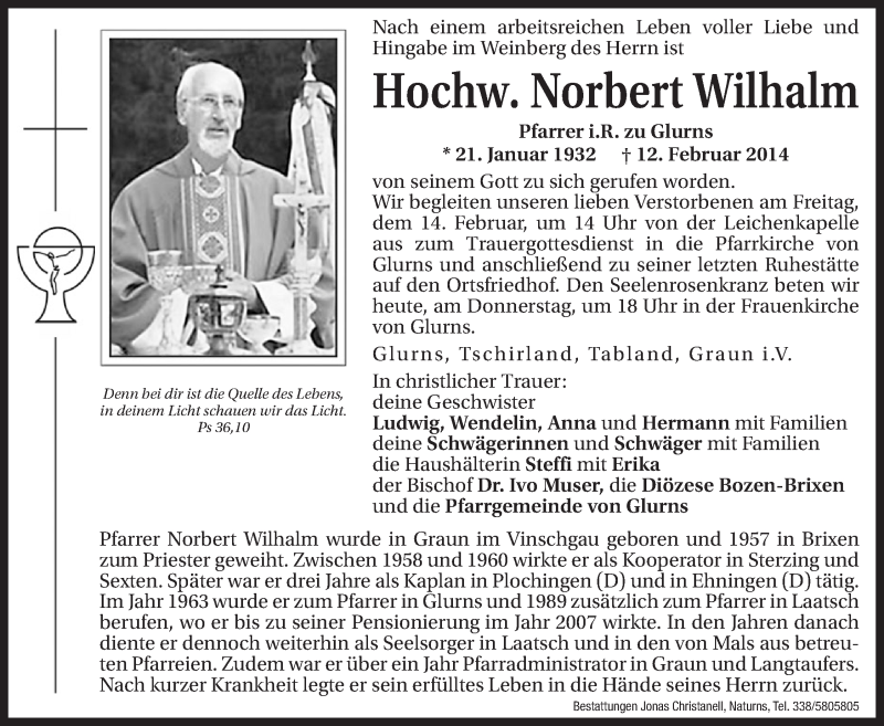  Traueranzeige für Norbert Wilhalm vom 13.02.2014 aus Dolomiten