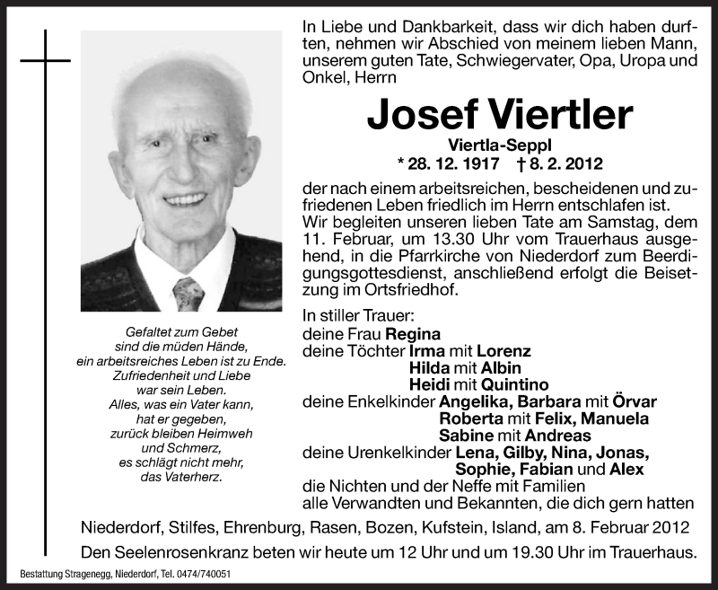  Traueranzeige für Josef Viertler vom 10.02.2012 aus Dolomiten