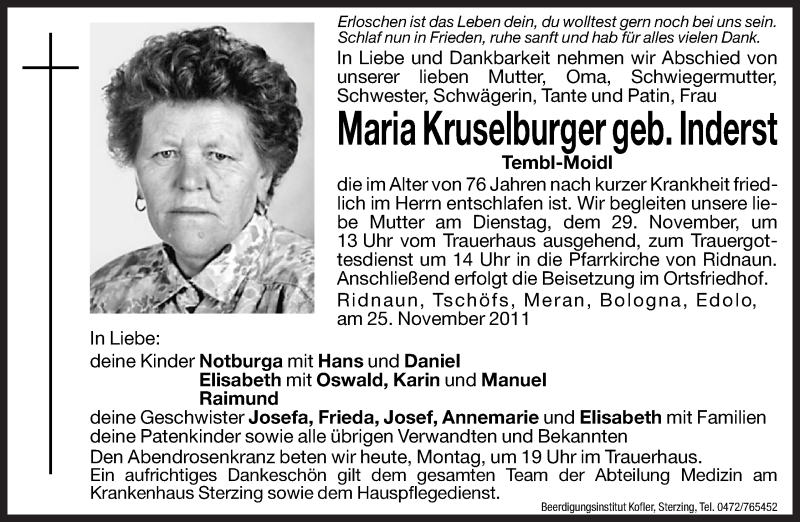  Traueranzeige für Maria Kruselburger vom 28.11.2011 aus Dolomiten