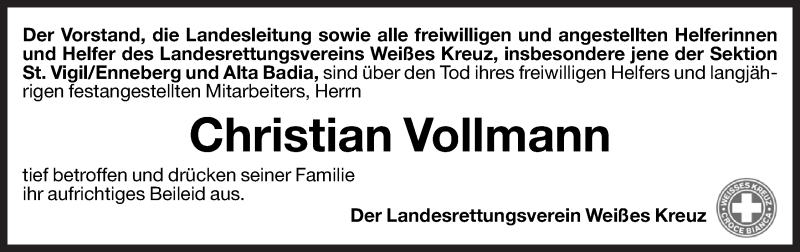  Traueranzeige für Christian Vollmann vom 17.05.2012 aus Dolomiten