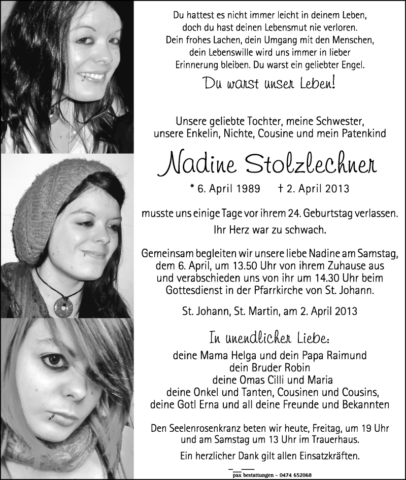  Traueranzeige für Nadine Stolzlechner vom 05.04.2013 aus Dolomiten