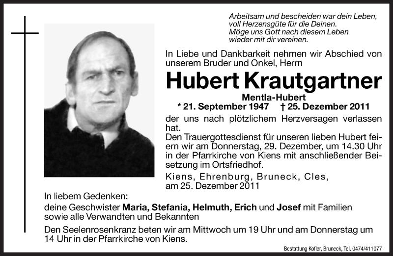  Traueranzeige für Hubert Krautgartner vom 28.12.2011 aus Dolomiten