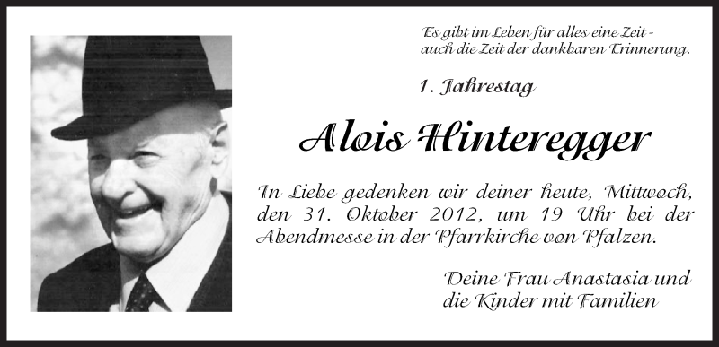  Traueranzeige für Alois Hinteregger vom 31.10.2012 aus Dolomiten