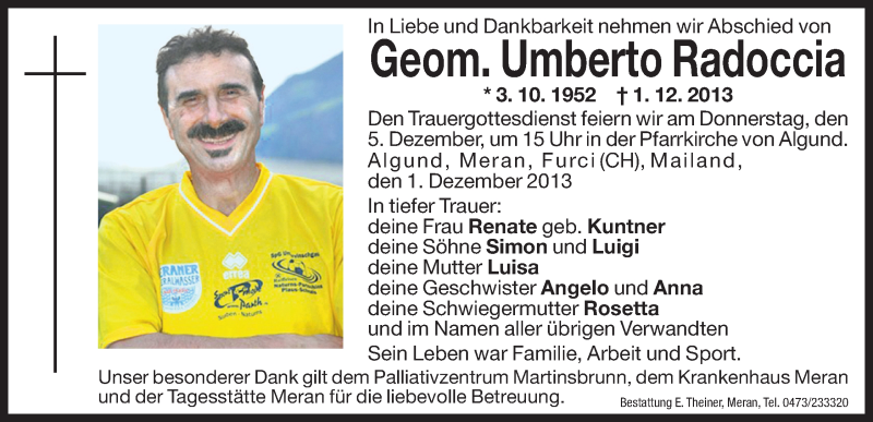  Traueranzeige für Umberto Radoccia vom 03.12.2013 aus Dolomiten