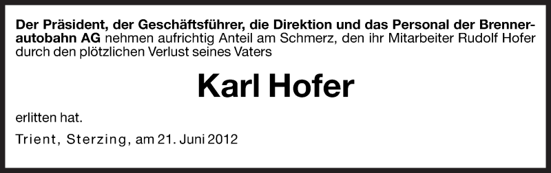  Traueranzeige für Karl Hofer vom 21.06.2012 aus Dolomiten