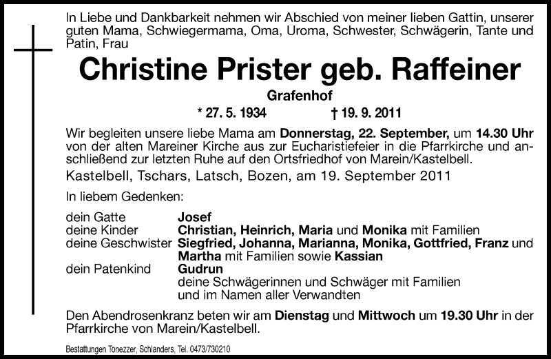  Traueranzeige für Christine Prister vom 20.09.2011 aus Dolomiten
