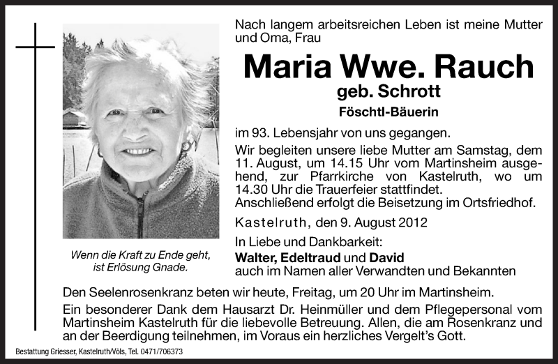  Traueranzeige für Maria Schrott vom 10.08.2012 aus Dolomiten