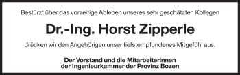 Traueranzeige von Horst Zipperle von Dolomiten