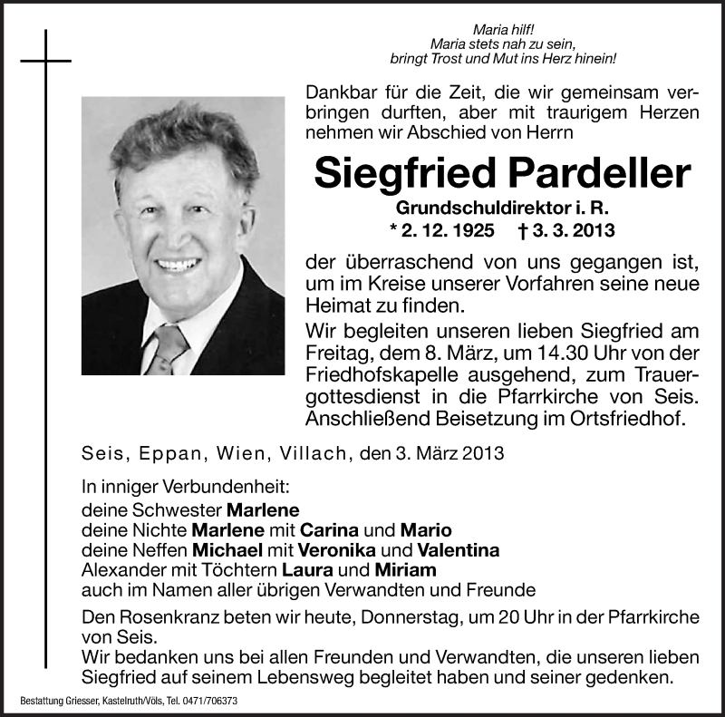  Traueranzeige für Siegfried Pardeller vom 07.03.2013 aus Dolomiten