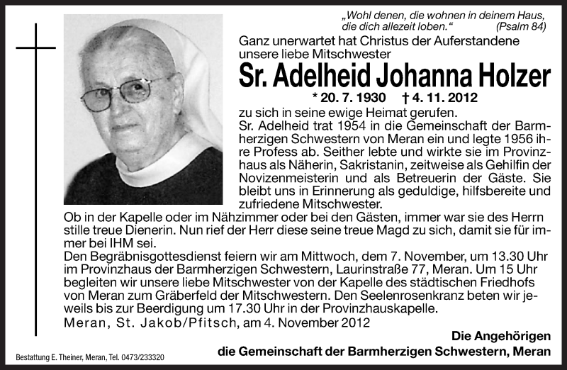  Traueranzeige für Adelheid Johanna Holzer vom 06.11.2012 aus Dolomiten