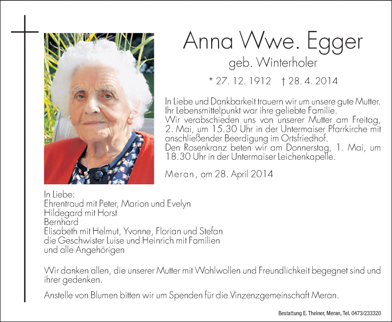  Traueranzeige für Anna Winterholer vom 30.04.2014 aus Dolomiten