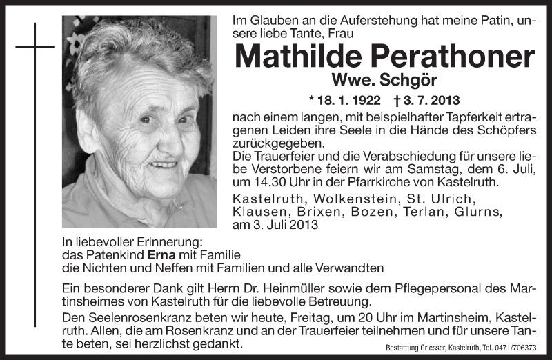  Traueranzeige für Mathilde Schgör vom 05.07.2013 aus Dolomiten