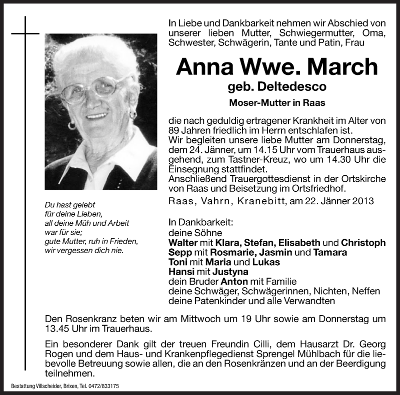  Traueranzeige für Anna March vom 23.01.2013 aus Dolomiten