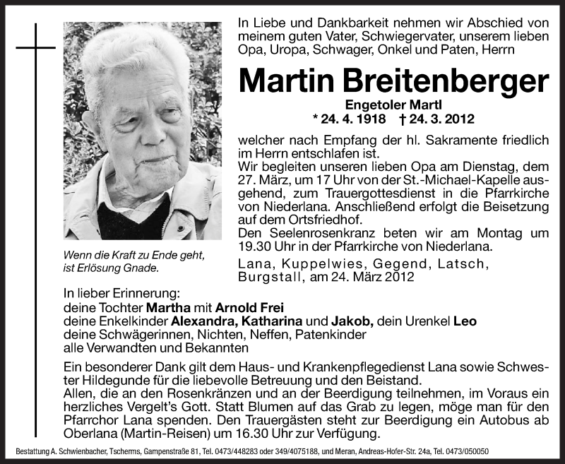  Traueranzeige für Martin Breitenberger vom 26.03.2012 aus Dolomiten