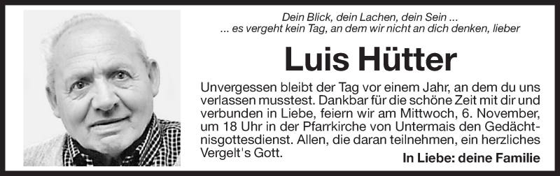  Traueranzeige für Luis Hütter vom 05.11.2013 aus Dolomiten