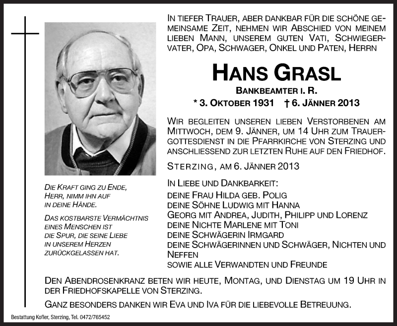  Traueranzeige für Hans Grasl vom 07.01.2013 aus Dolomiten