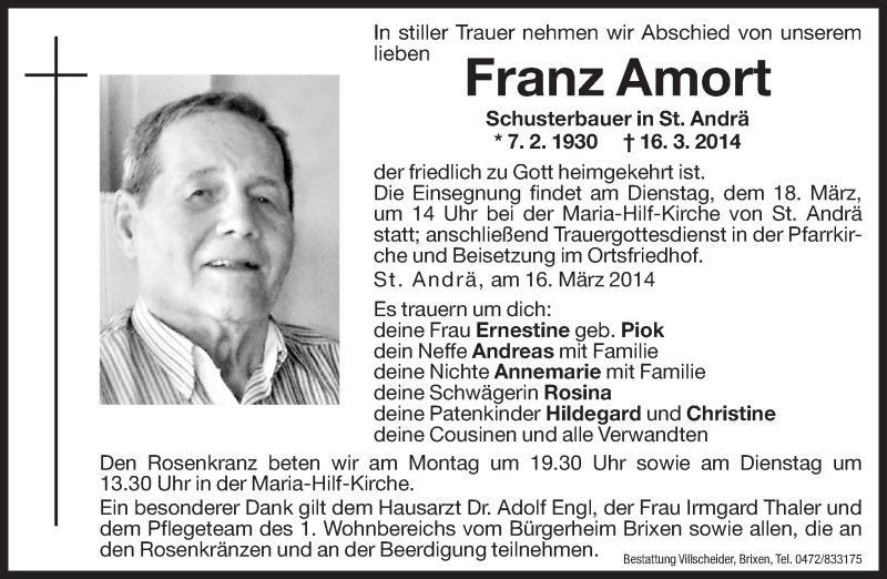  Traueranzeige für Franz Amort vom 17.03.2014 aus Dolomiten