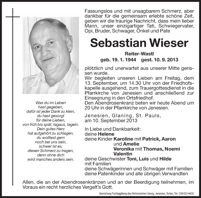  Traueranzeige für Sebastian Wieser vom 12.09.2013 aus Dolomiten