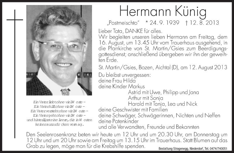  Traueranzeige für Hermann Künig vom 14.08.2013 aus Dolomiten