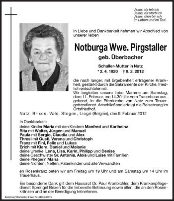 Traueranzeige von Notburga Pirgstaller von Dolomiten