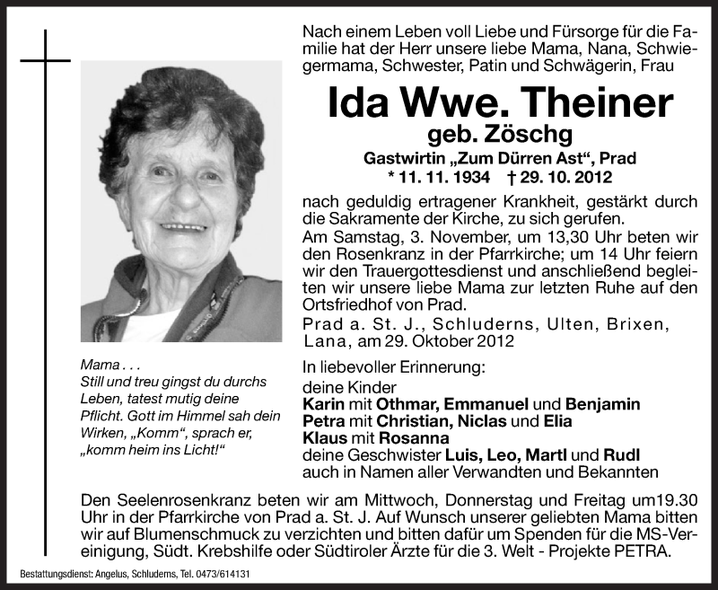  Traueranzeige für Ida Theiner vom 31.10.2012 aus Dolomiten