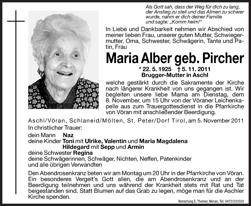  Traueranzeige für Maria Alber vom 07.11.2011 aus Dolomiten