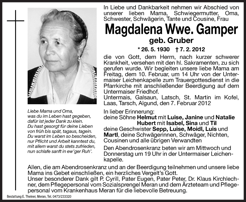  Traueranzeige für Magdalena Gamper vom 08.02.2012 aus Dolomiten