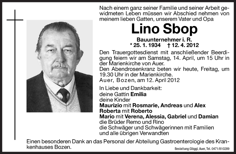  Traueranzeige für Lino Sbop vom 13.04.2012 aus Dolomiten