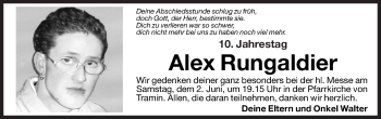 Traueranzeige von Alex Rungaldier von Dolomiten