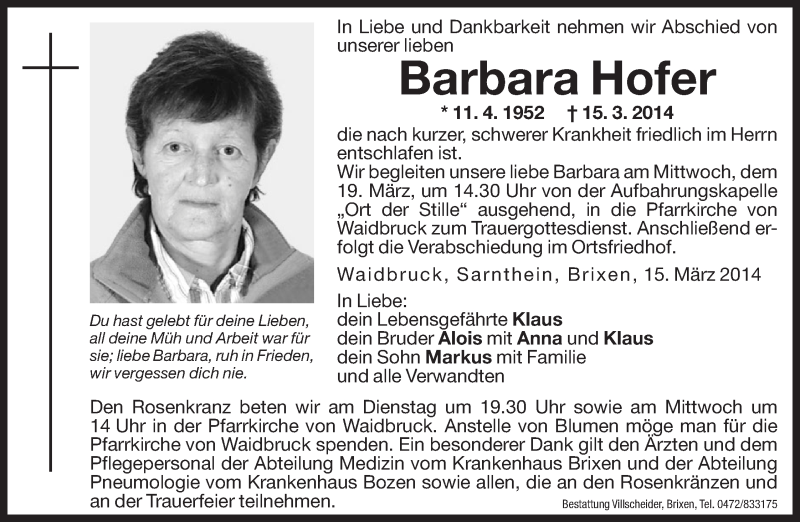  Traueranzeige für Barbara Hofer vom 17.03.2014 aus Dolomiten